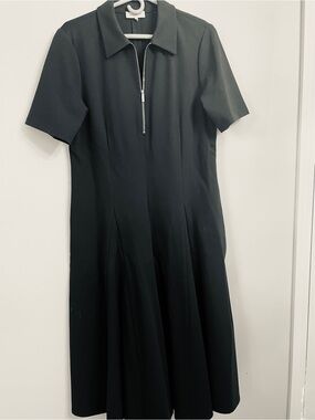 Lafayette 148 New York Deep Green Short-Sleeve Midi Dress with Zip Collar